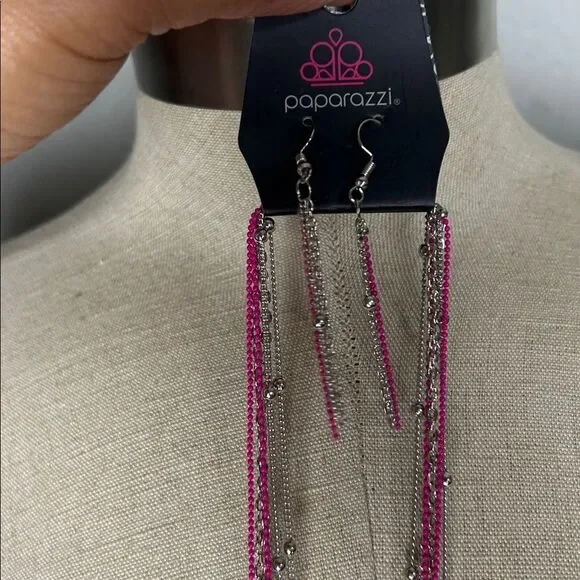 Paparazzi Pink Layered Necklace and Earrings Set - Picture 3 of 3